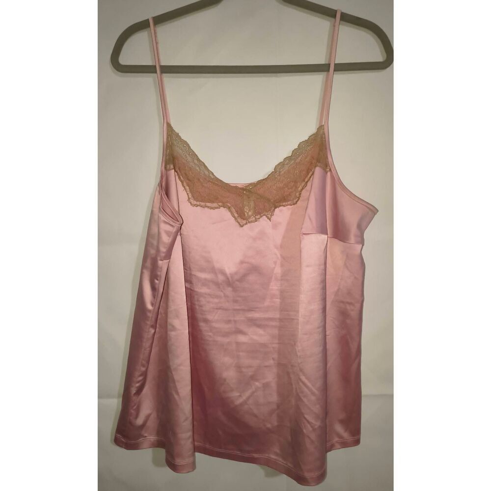 Cacique Satin Camisole Tank Top 18/20 Pink Tan Lace Trim Lingerie Whimsy fairyco